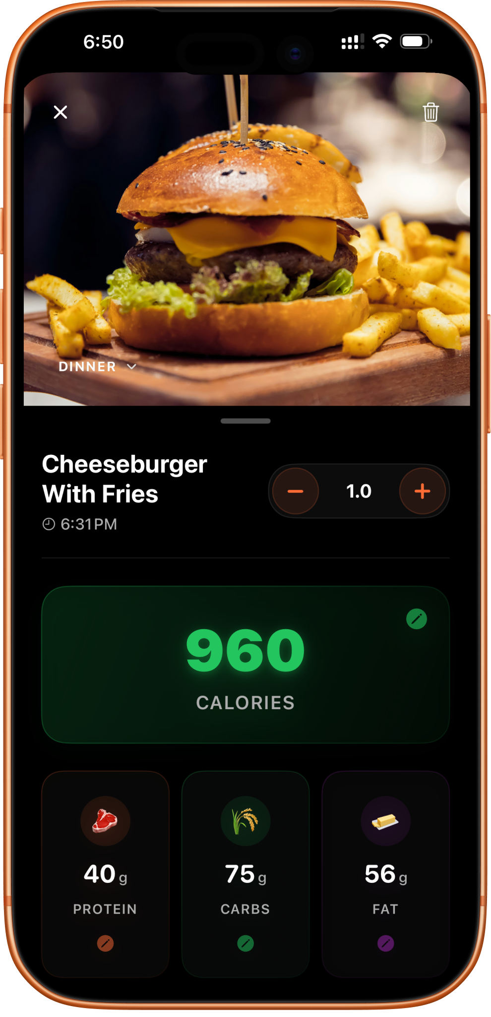 BulkMode meal sheet showing a photographed dinner logged at 960 calories with its protein, carbs and fat
