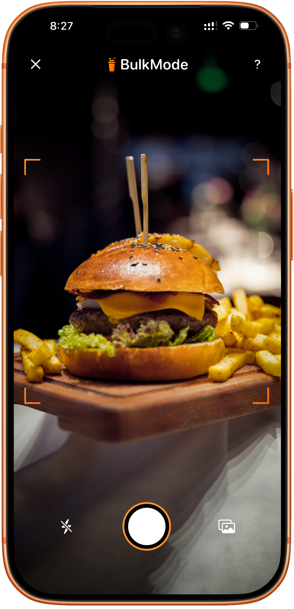 BulkMode camera scanning a meal to log calories and macros instantly
