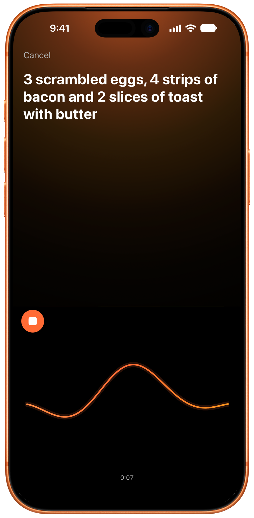 Logging a meal by voice in BulkMode: 3 scrambled eggs, 4 strips of bacon and 2 slices of toast with butter