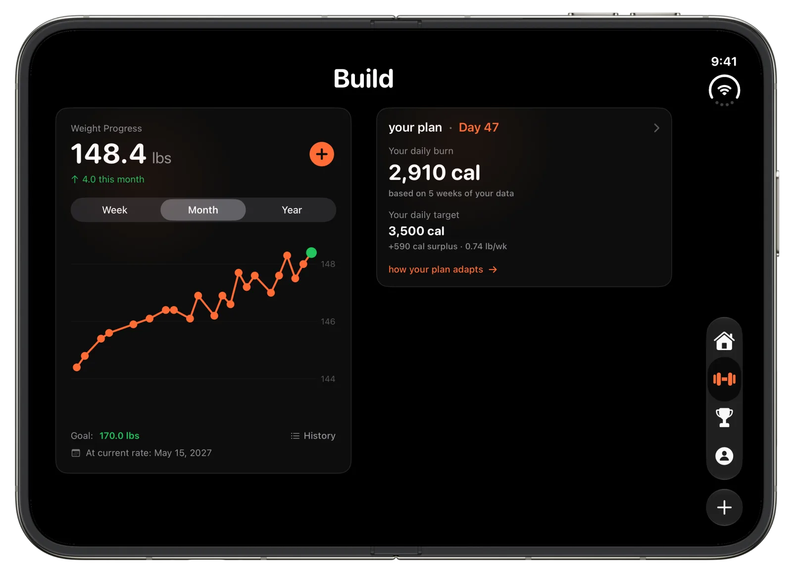 BulkMode's Build screen on an open iPhone Duo: the weight chart beside the plan card