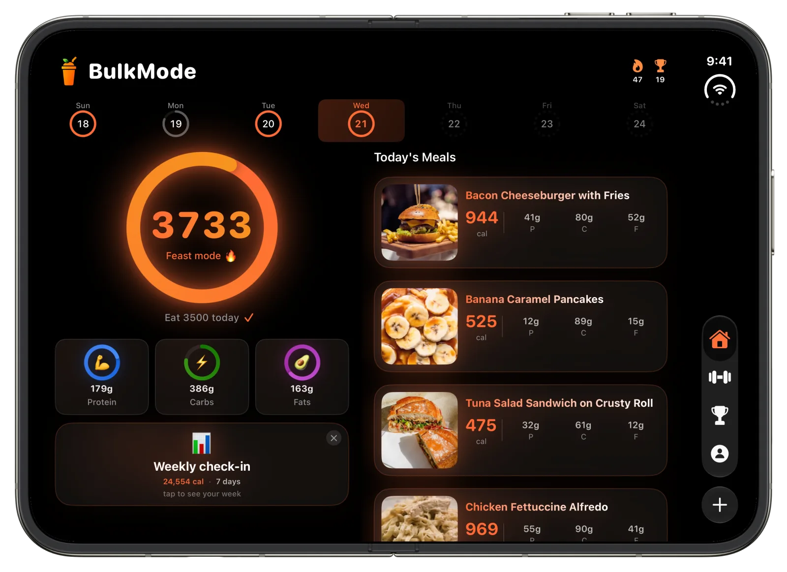 BulkMode on an open iPhone Duo turned sideways: 3,733 calories in the ring beside today's photographed meals