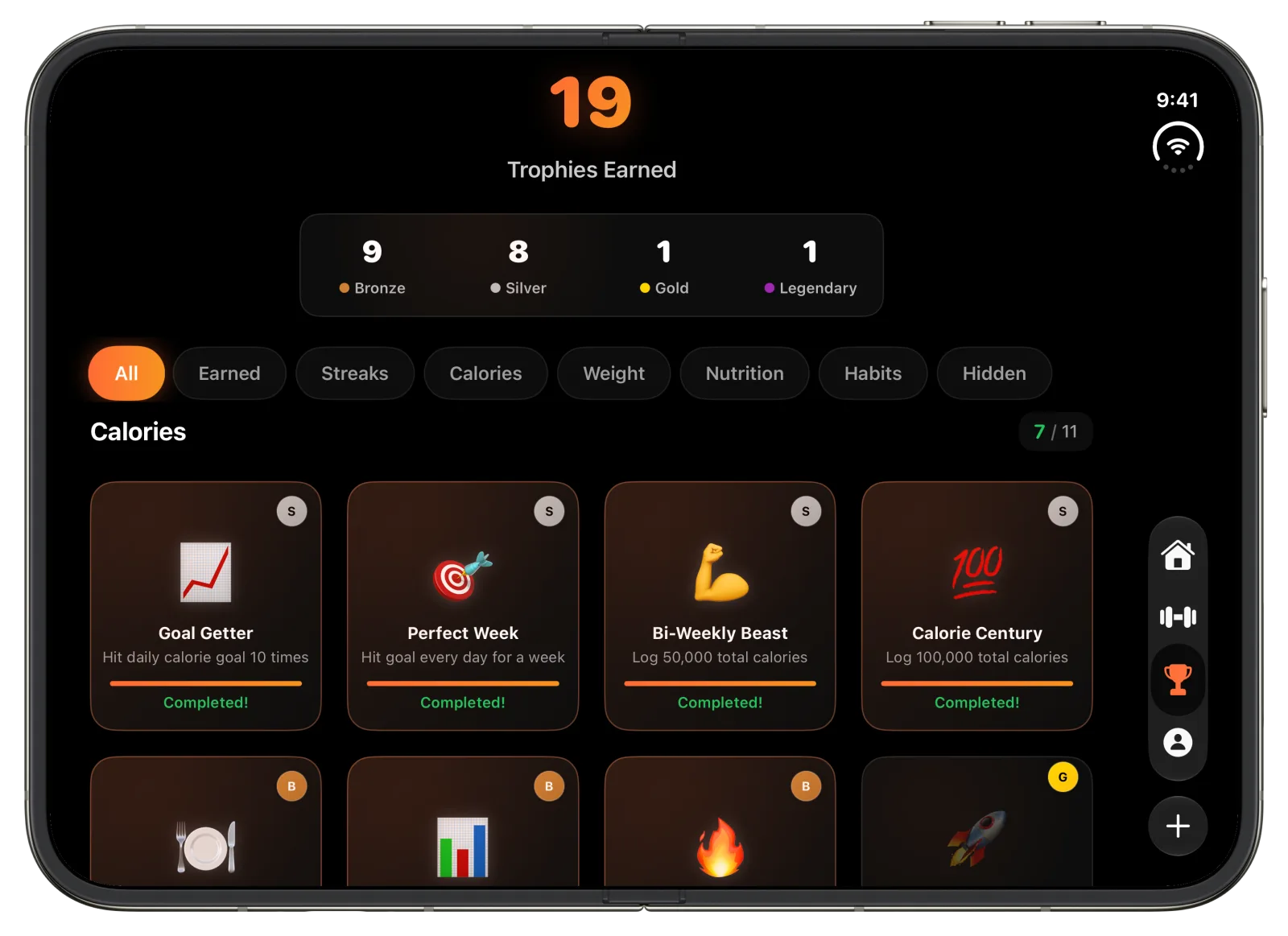 BulkMode's trophies on an open iPhone Duo, four across