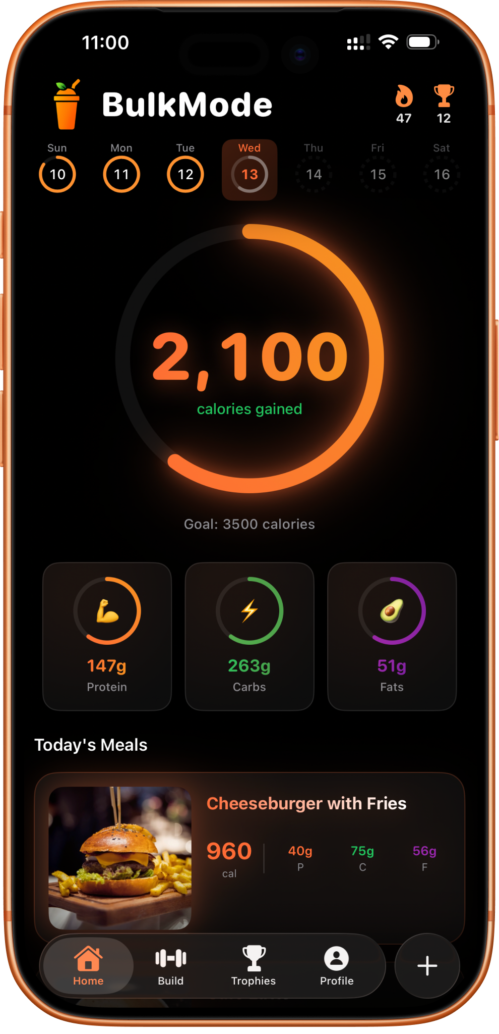 BulkMode home screen showing calories logged against a daily bulking target with a macro breakdown