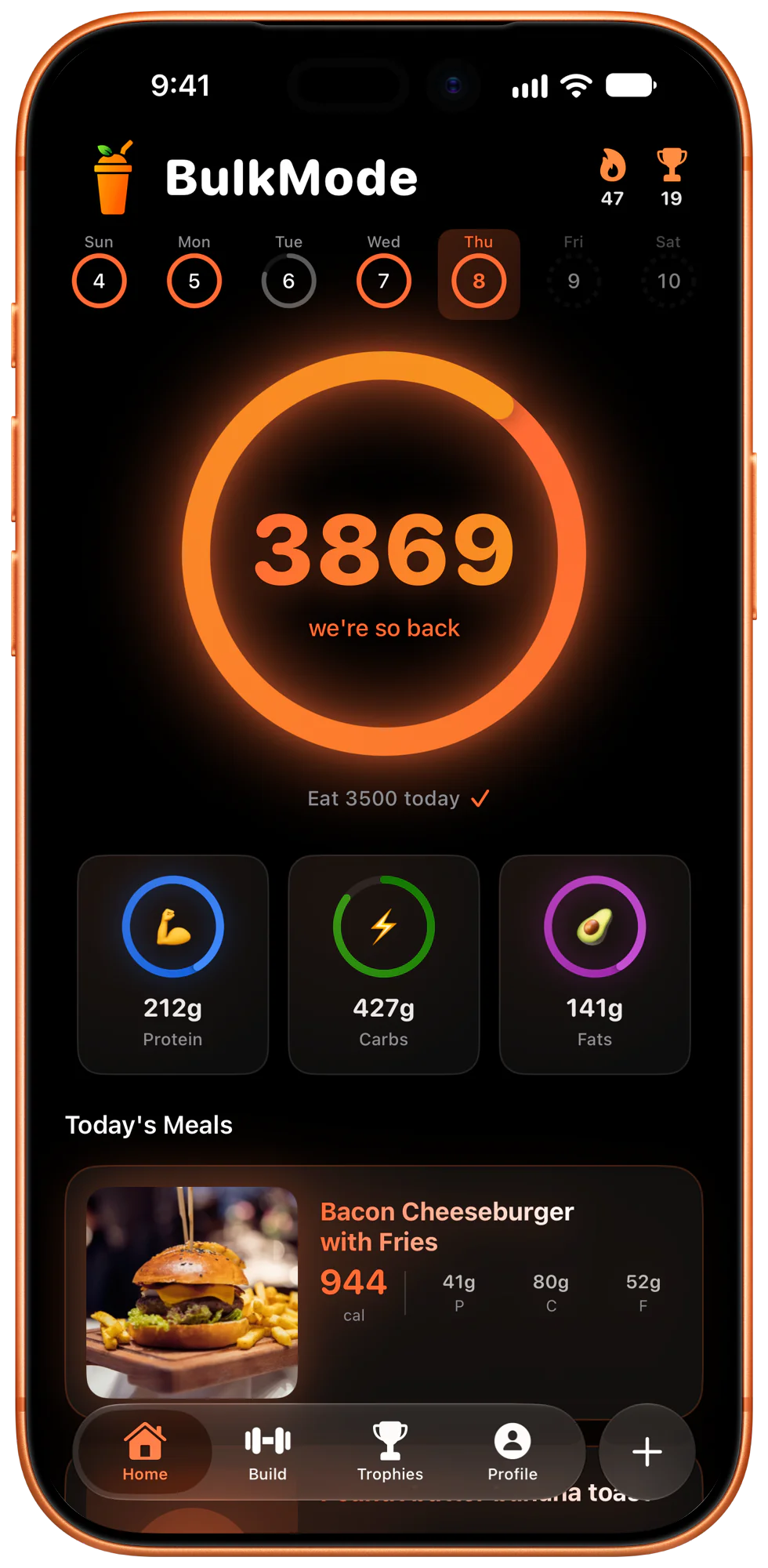 BulkMode calorie tracker app for weight gain showing 3,869 calories eaten against a 3,500 calorie goal, with the macro breakdown