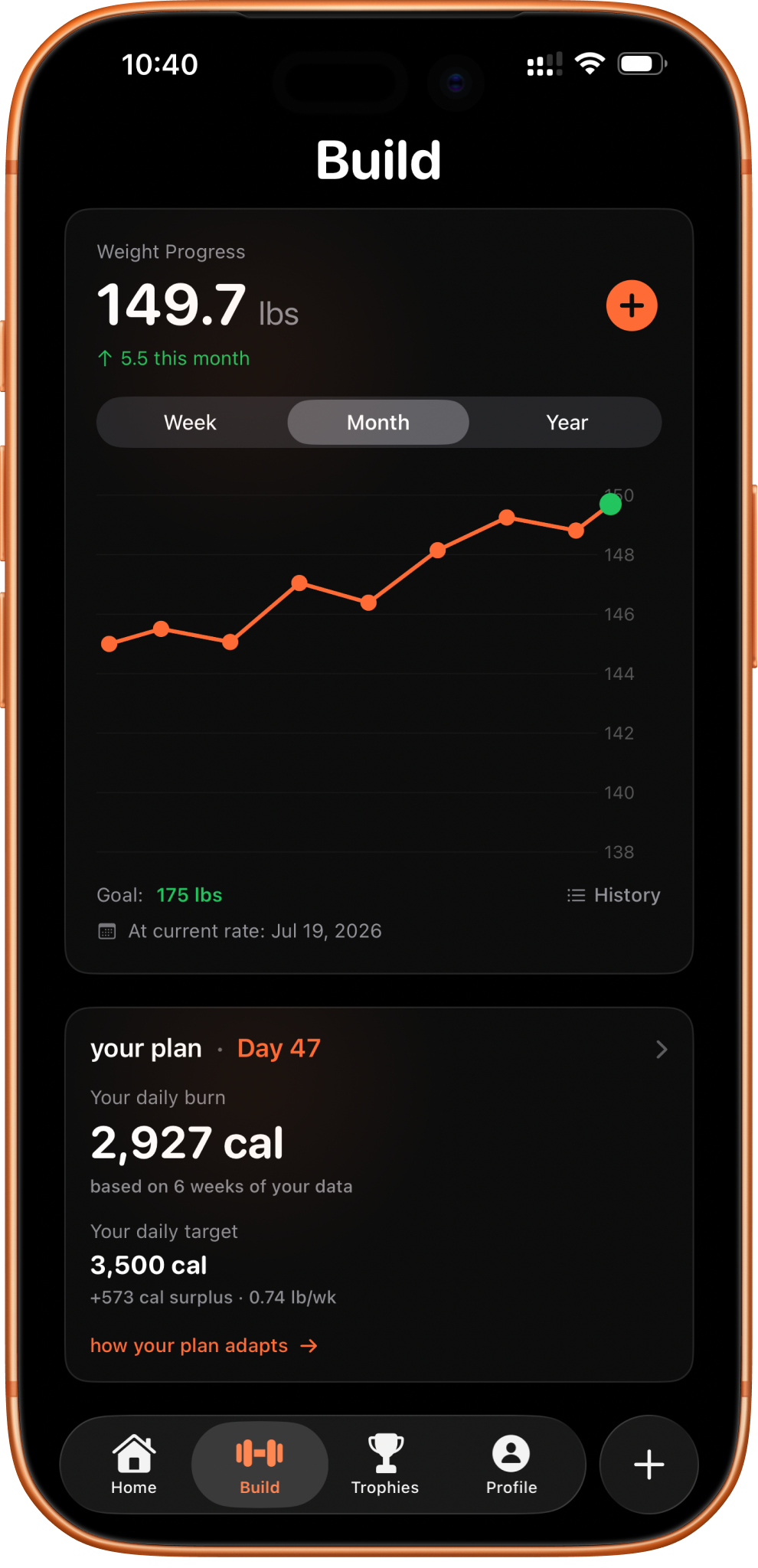 BulkMode Build screen showing weight trending up, a daily target, and the weekly gain rate in pounds per week
