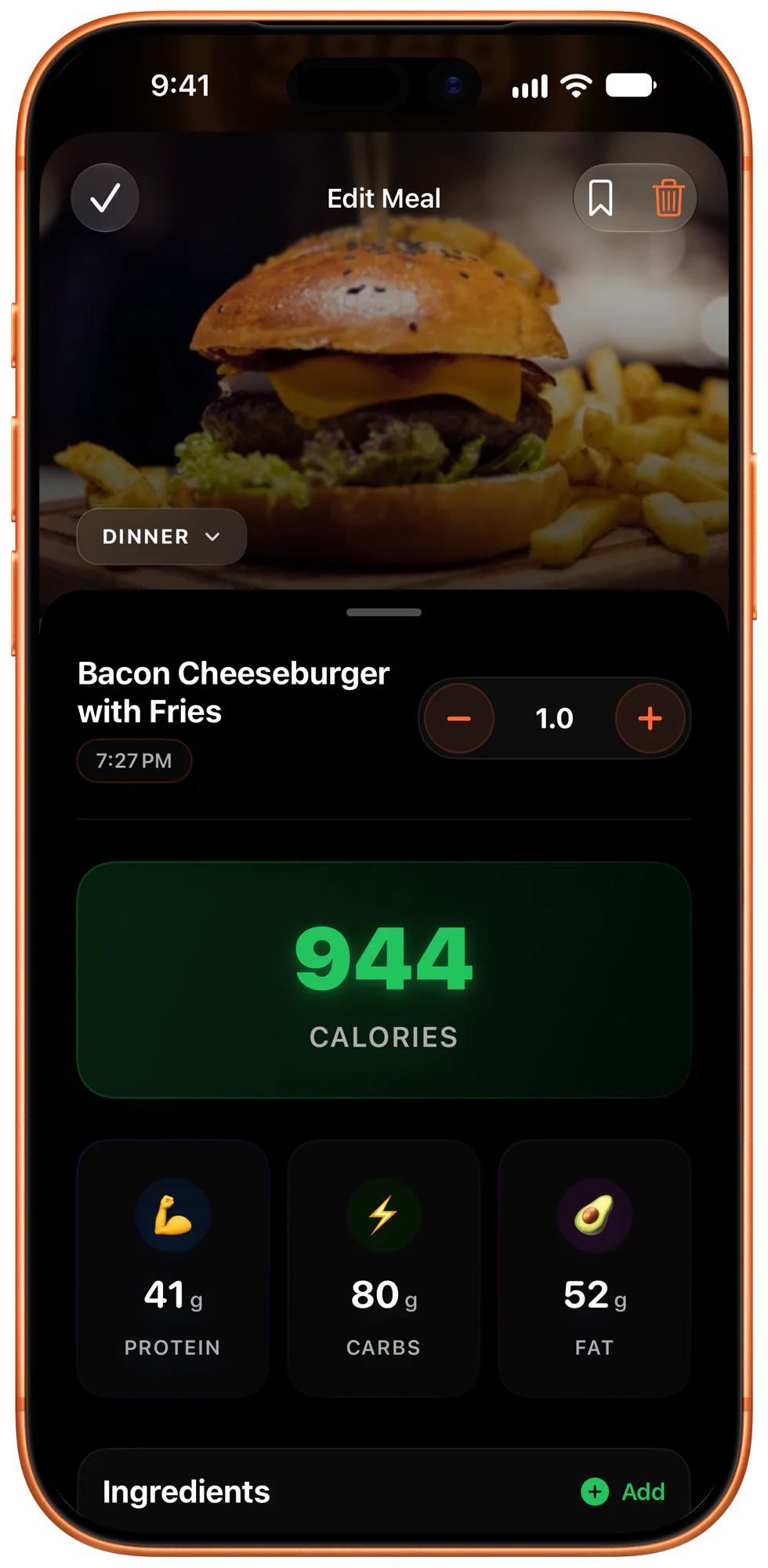 BulkMode meal analysis showing calories with protein, carbs, and fat breakdown