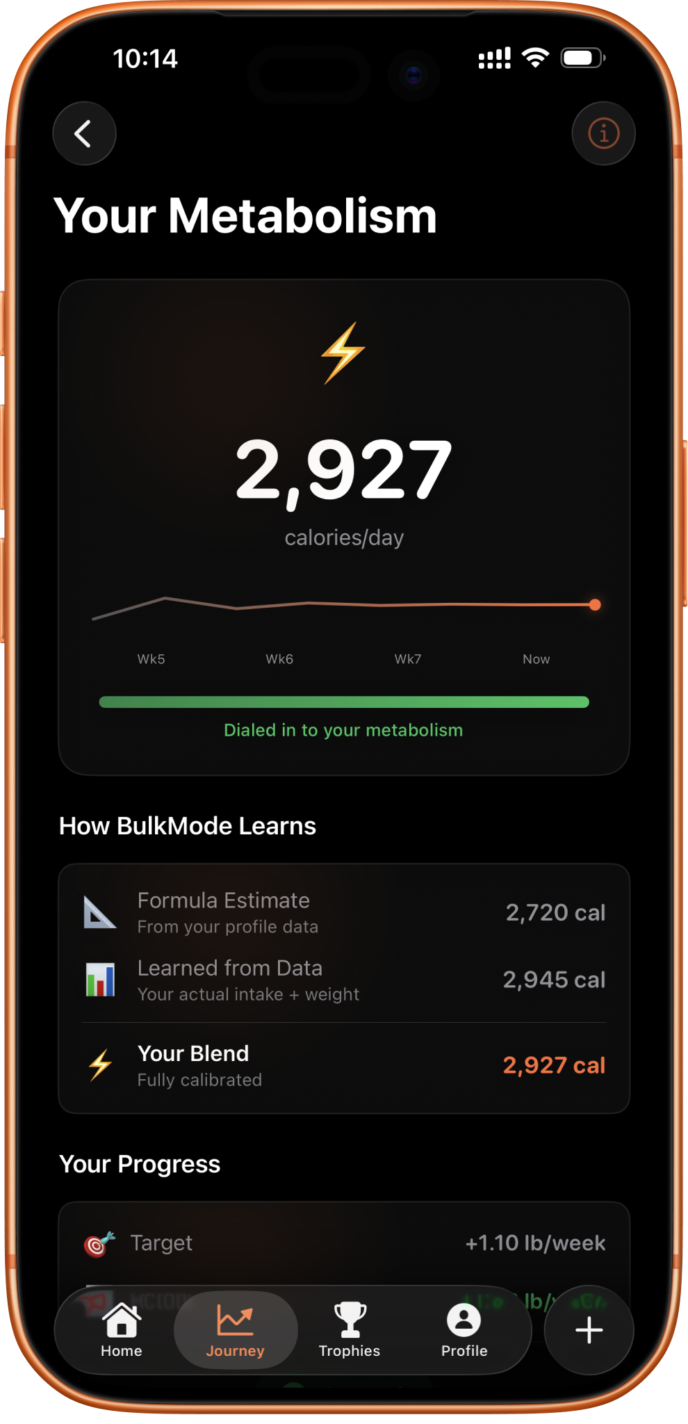 BulkMode metabolism screen showing a calorie target adjusted from real weigh-in data