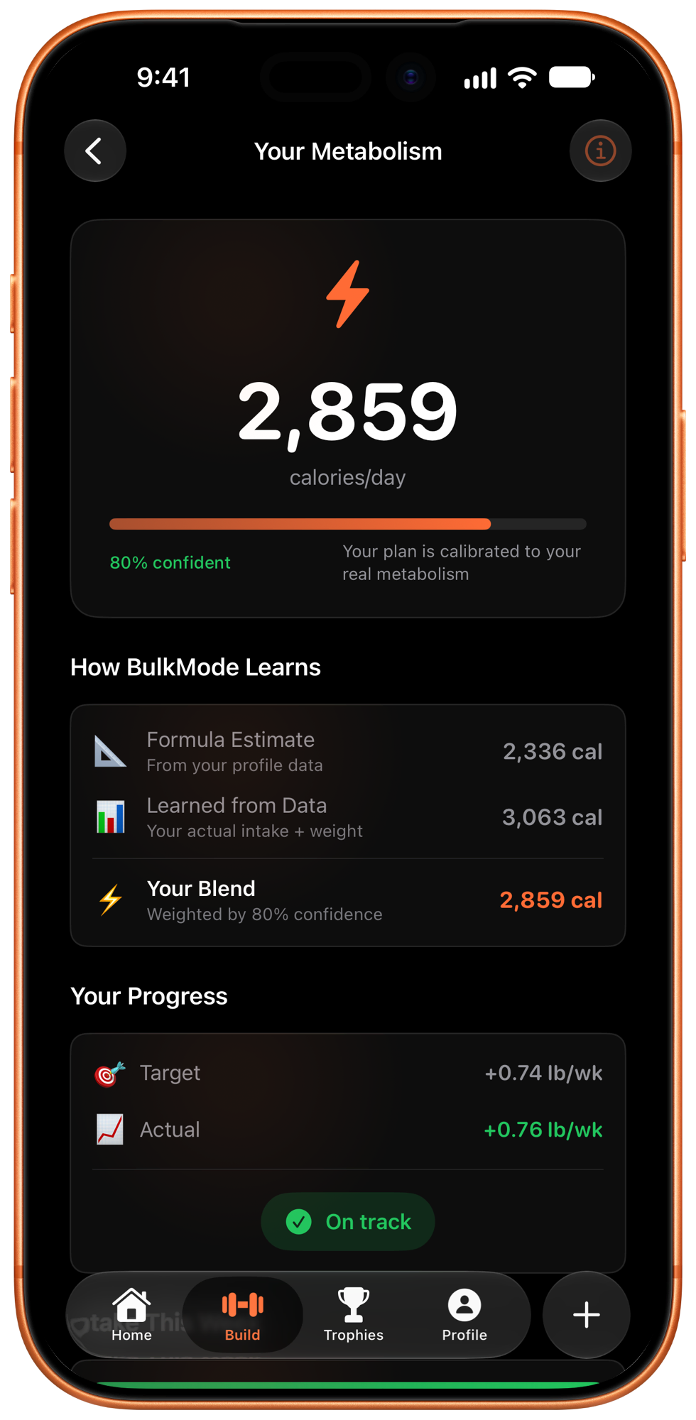 BulkMode metabolism tracking showing personalized calorie targets learned from your actual data