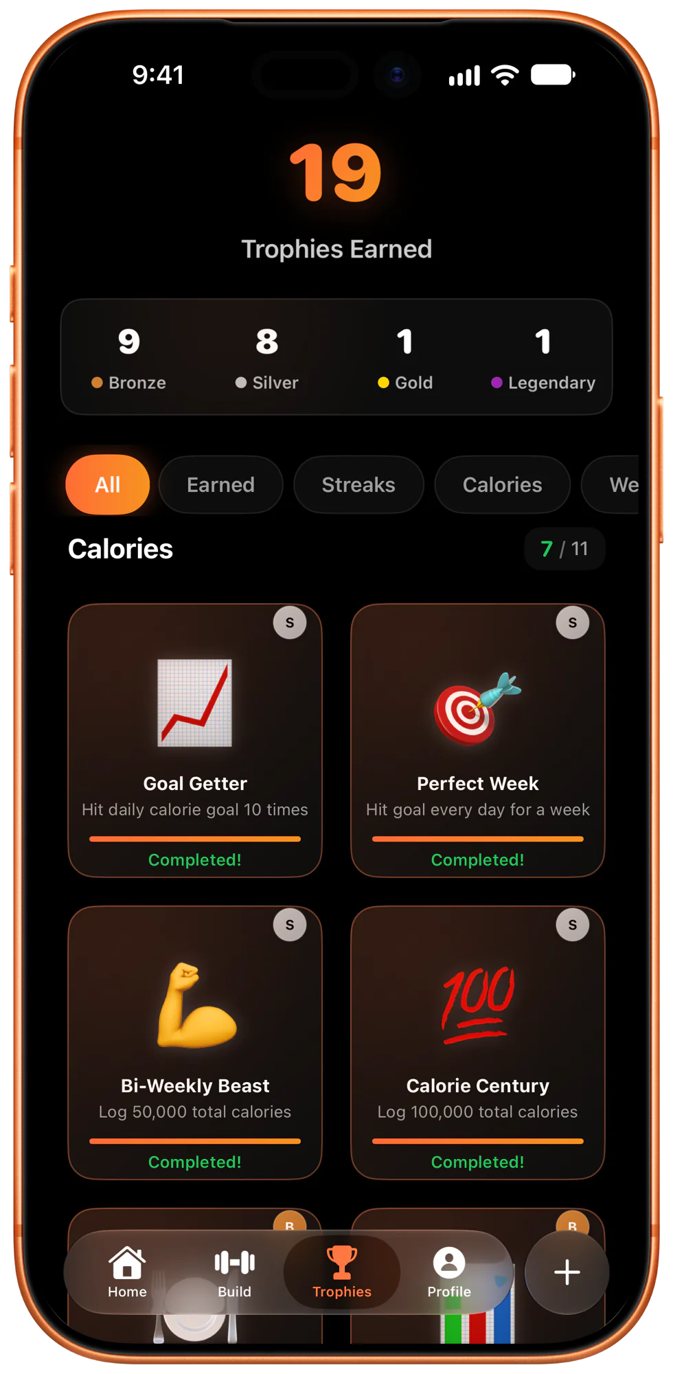BulkMode trophies and achievements for hitting calorie and weight gain goals